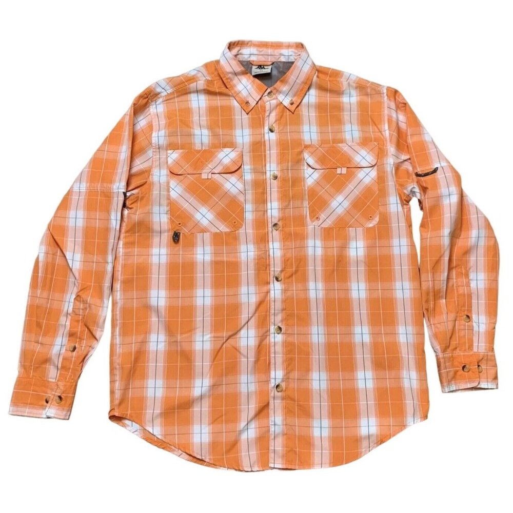 Mountain Club Mens Orange Plaid Long Sleeve Button-Down Shirt Vented Size Medium
